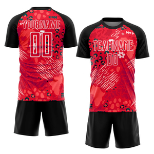 Conjunto de Camiseta y Pantalones Cortos de Fútbol Sublimados en Negro y Rosa, Personalizados, con Cuello Redondo, Manga Corta, Absorbentes de Humedad, para Equipos Deportivos Masculinos - Product Image 4