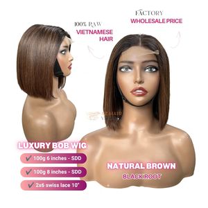 AZ HAIR Vietnamese Human Hair Bob <b>Wig</b> Swiss Lace Front Glueless Transparent Lace <b>Brown</b> Color Average Size - Product Image 6