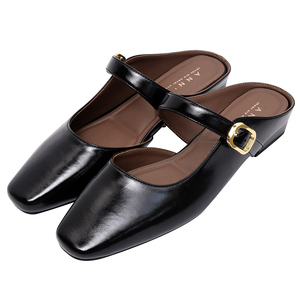 Ann'S Square Toe <b>Backless</b> <b>Loafers</b> Mary Jane Mule Shoes Low Heel Slip On Black Flats - Product Image 1