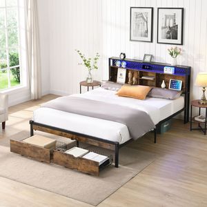 <b>King</b> <b>Size</b> Metal Platform <b>Bed</b> <b>Frame</b> <b>with</b> LED Lights USB Charging Station 2 <b>Drawers</b> Storage Wooden Headboard Footboard - Product Image 2
