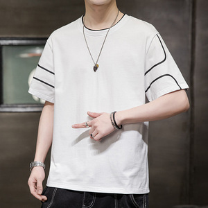 เสื้อยืดผู้ชายสีดำ ผ้าฝ้าย 100% แขนสั้น คอกลม สไตล์ลำลอง สตรีทแวร์ แต่งขอบตัดกัน ทรงหลวม ผ้าถัก สีพื้น ไม่หด - Product Image 5