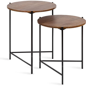 Fancy 2-Piece Round Nesting Side <b>Table</b> Set with V-Leg Metal Frame Handcrafted <b>Walnut</b> Wood Top Accent <b>Tables</b> for Small Apartments - Product Image 1