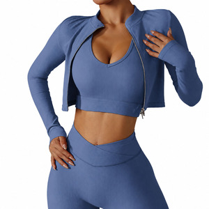 Custom Women's Ribbed Yoga Set 3 Piece <b>Workout</b> Outfit Long Sleeve Zip <b>Jacket</b> Sports Bra High Waist Leggings Gym Fitness Set - Product Image 1