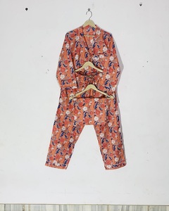 Ensembles de pyjama en coton style bohème, col rabattu boutonné, imprimés à la main, respirants, vêtements de nuit d'été - Product Image 4