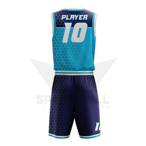 Conjunto de Uniforme de Baloncesto Geométrico Azul Personalizado, Sin Mangas, Cuello en V, Poliéster Transpirable Sublimado, Unisex para Adultos - Product Image 3