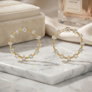 0.70 CTW Diamond Mixed Shape Round Pear Marquise Prong Set Open Circle Hoop <b>Earrings</b> Solid Gold Luxury <b>Hinged</b> Jewelry for Women - Product Image 1