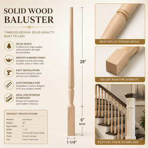 EFS Premium Poteaux en Bois Massif de Caoutchouc Ajustables 34" Modèle 2015P, Balustres Sculptés en Bois Moderne, Écologiques et Résistants à l'Eau - Product Image 1