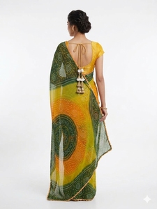 Sari de Seda con Estampado Digital Amarillo Verde para Mujer, Traje Tradicional de Boda, Largo hasta el Suelo, Corte Regular, Sin Arrugas, Estilo Indio, 7 Días - Product Image 3