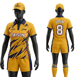 Ensemble d'uniformes de rugby pour femmes en polyester et élasthanne 180 GSM de qualité supérieure, jaune marine, avec panneaux éclair, respirant, personnalisable par sublimation, avec logo - Product Image 1
