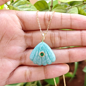 Semi-precious gemstone jewelry natural amazonite scallop shell pendant <b>with</b> emerald zircon inlaid 18k gold plated chain necklace - Product Image 4