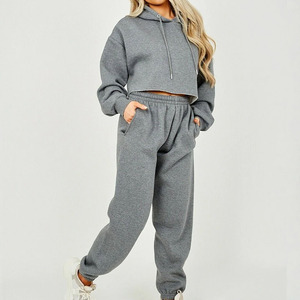 Women Pink Cropped Hoodie Tracksuit Full Sleeve Elastic Waist Loose Fit Solid Color Casual Spring Wear - Product Image 6