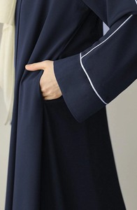 Elegant Dusty Minimalist Navy Blue <b>Plus</b> <b>Size</b> <b>Pocket</b> Abaya Contrast Trim Breathable Lightweight Floor Length Modest Islamic <b>Dress</b> - Product Image 4