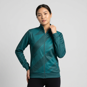 Unisex Green Geometric Pattern Long <b>Fleece</b> Jacket Front <b>Zipper</b> Closure Sporty Style Polyester Material Winter Wear - Product Image 6