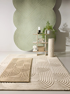 Tapis géométrique en laine tufté à la main, motif boucle, ivoire, sculpté, à bords hauts et bas, forme organique contemporaine, tapis de designer - Product Image 2