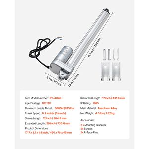 Attuatore Lineare Impermeabile 12V, 12 Pollici, 675 libbre/3000N, 0.2 Pollici/s, IP65, con Staffa di Montaggio e Cilindri - Product Image 5
