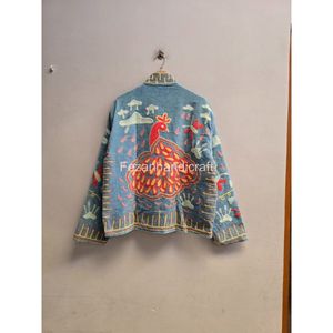 Peacock Embroidery Blue Cotton <b>Mandarin</b> <b>Collar</b> <b>Jacket</b> Full Sleeve Autumn Wear Handmade Women's Embroidered Coat - Product Image 6