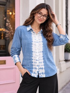 เสื้อเชิ้ตผู้หญิง ลายมัดย้อม สีฟ้าขาว ติดกระดุม แขนยาว ลำลอง ผ้าป๊อปลิน สำหรับฤดูใบไม้ผลิและฤดูร้อน ทรงปกติ - Product Image 1