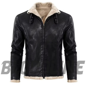 Chaqueta de Cuero Genuino Negra para Hombre, Corte Ajustado, Estilo Motero, Cierre de Cremallera, Cuello Alto, Forro de Piel Sintética, Ropa de Invierno - Product Image 4
