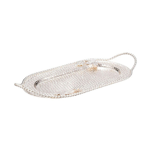 Bandeja ovalada plateada de lujo con textura, detalles de hojas y asas de cuerda, elegante plato de metal para servir en bodas y fiestas exclusivas - Product Image 4