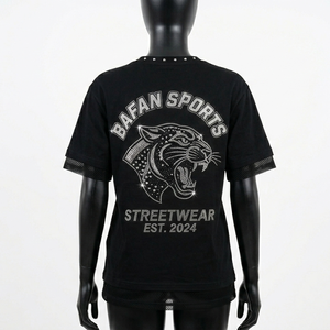 Camiseta de doble capa de algodón premium con mezcla de poliéster, panel de malla negra en las mangas, logotipo personalizado estampado con calor, camisetas de algodón de doble capa - Product Image 5