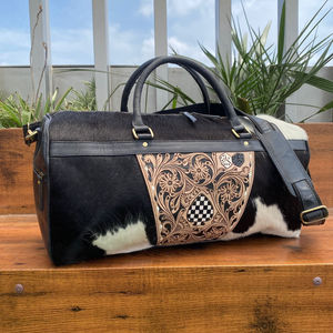 Usine grand sac de voyage Weekender Floral en cuir de vachette véritable sac de sport en cuir repoussé à la main avec organisateur de planche à carreaux léger - Product Image 4