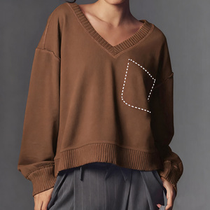 Suéter de Punto Oversize para Mujer con Cuello en V, Bolsillo, Hombros Caídos, Manga Media, Color Gris Sólido, Transpirable, para Otoño - Product Image 4