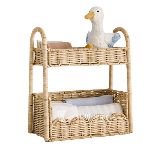 Étagère de rangement en rotin écologique à 2 niveaux avec détails festonnés, style vintage, organisateur multifonction et étagère pour chambre d'enfant - Product Image 4