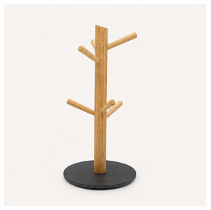 Support mural moderne en bois pour tasses avec base en ardoise lourde et 6 crochets – Organisateur de comptoir pour tasses à café – Vente en gros – En promotion - Product Image 1