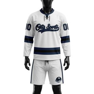 Ensemble short et maillot de hockey sur glace sublimé pour hommes, blanc et bleu marine, col en V, rayé, en polyester, tenue de sport pour équipe - Product Image 1