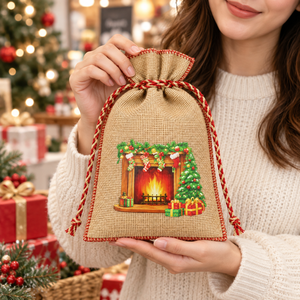 Pochette cadeau en jute naturel imprimée motif 'Christmas Cottage Flame' 19x25 cm avec fermeture à cordon, sac cosmétique écologique, vente en gros OEM - Product Image 6