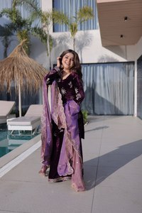 Ensemble tailleur pantalon élégant pour femme en velours peluche avec fil doré, tunique, pantalon évasé, garniture ajourée scintillante et col en V croisé - Product Image 3