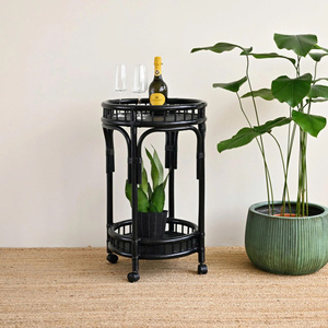 Modern Round Rattan Hotel Furniture Bar Cart with Two-Tier Food <b>Serving</b> 4 Swivel Wheels-Black Commercial Use - Product Image 4
