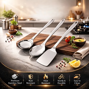 Ensemble d'ustensiles de cuisine en acier inoxydable, 3 pièces – Louche, cuillère ajourée et spatule |   Outils de cuisine durables résistants à la rouille |   Argent - Product Image 2