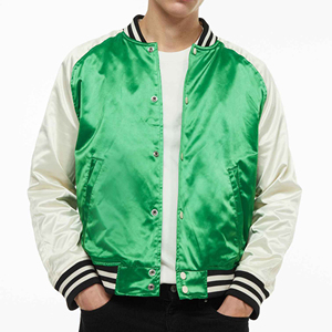 Green satin Varsity <b>Jacket</b> With <b>Cream</b> Sleeves And Striped Trim Regular Fit Unisex Casual Polyester Satin Autumn Wear - Product Image 3