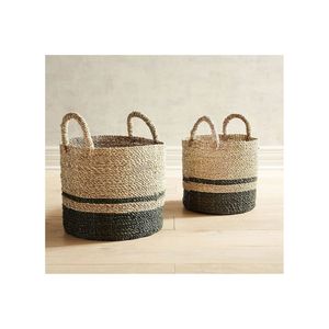 Handwoven Seagrass <b>Storage</b> <b>Basket</b> Set with Handles - Modern Two-Tone Decorative Woven Organizer for Home Decor and Laundry Use - Product Image 1
