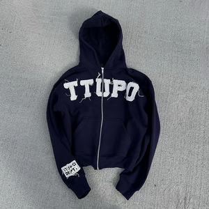 Custom Vintage Washed Regular Fit Men's Zip Hoodie Heavyweight Cotton Fleece Lined Chenille Letter Embroidery Full Zip Hoodies - Product Image 2
