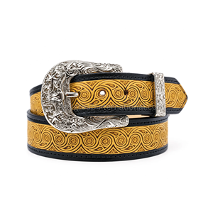 Cinturón de Cuero de Primera Calidad con Diseño Occidental de Lujo, Color Amarillo Dorado con Espiral, Grabado a Mano, para Hombre y Mujer, con Borde Negro Estilo Vaquero - Product Image 1
