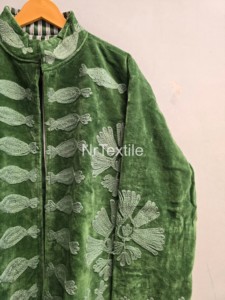Blazer Verde Terciopelo Bordado con Cuello Mao, Manga Larga, Sin Cierre, Estampado Floral, Chaqueta para Mujer, Ropa de Otoño - Product Image 3