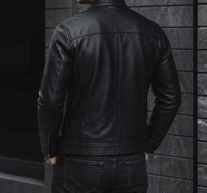 Veste de moto en cuir véritable noir de haute qualité pour homme, col montant, fermeture éclair, coupe ajustée, pour l'automne - Product Image 5