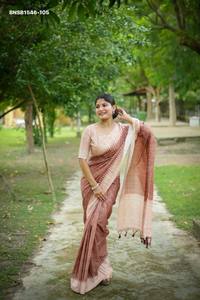 High Quality Tussar Silk with Checks-Printed & Kantha Weaving Border & Kantha Lining Pallu with Tassels Saree-Blouse Saree <b>Love</b> - Product Image 4