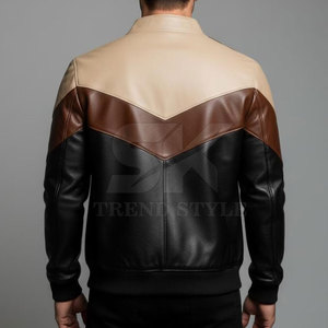 Blouson Bomber en Cuir Véritable pour Homme, Style Moto Biker, Col Montant, Fermeture Éclair, Blocs de Couleurs, Idéal pour l'Automne - Product Image 5