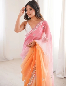 Sari en mousseline de soie de designer Bollywood pour femme KV, brodé et orné, sans plis, réversible, avec chemisier non cousu (rose) - Product Image 2