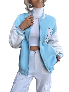 Customized Chenille Embroidery Women's Baseball <b>Jackets</b> Solid Color Breathable Cotton Fleece Wool <b>Varsity</b> Letterman Style - Product Image 2