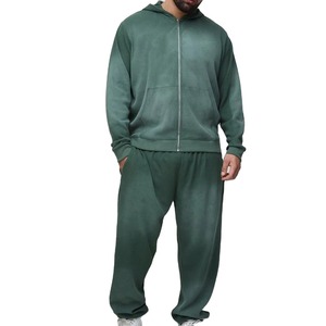 Men's Green Hooded Tracksuit Full Zipper Sweatshirt With Side Pockets Casual Autumn Wear Loose Fit 100% Cotton Solid Color - Product Image 1