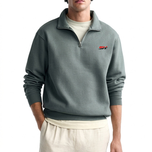 Sudadera de moda para hombre, de manga larga, con cremallera de un cuarto, puños acanalados, hombros caídos, básica, de mezcla de algodón. - Product Image 1