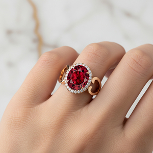 Anillo solitario con halo de granate rojo natural y diamantes auténticos en oro macizo de 18k, piedra de nacimiento, joyería fina, regalo para esposa - Product Image 2