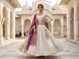 White Beaded Lehenga Choli With Purple Embroidered Dupatta Silk <b>Blend</b> Traditional Dress For Wedding Party Women - Product Image 1