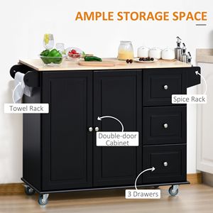 Carrello da Cucina Mobile Nero con 3 Cassetti, 2 Ante, Ripiano Ribaltabile e Portasciugamani/Portaspezie - Product Image 5