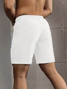 Shorts décontractés pour hommes, couleur unie blanche, taille élastique, séchage rapide, taille mi-haute, fermeture à cordon, matière polyester tricotée - Product Image 4