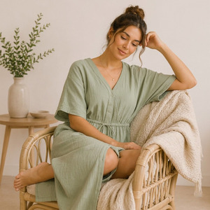 Ensemble de pyjamas décontractés pour femmes en coton gaze, tissu musulman respirant et écologique, vêtements de détente pour femmes - Product Image 2